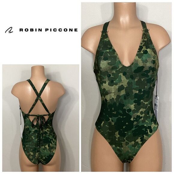 New. Robin Piccone Army camouflage plunge swimsuit. Regularly $168. Size 8 - Picture 7 of 14